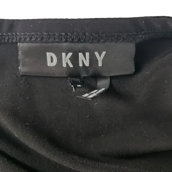 DKNY Black Fit Flare Black Dress M Hi Low Hem Stretchy Poly Sleeveless EUC - Picture 7 of 9